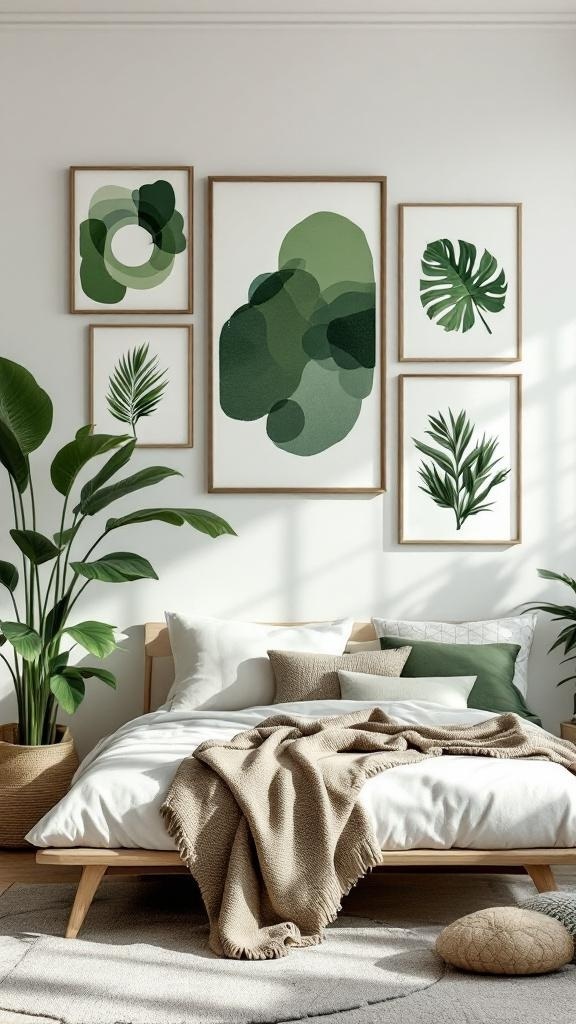 A green and black bedroom featuring personalized art with various green-themed artworks and plants.