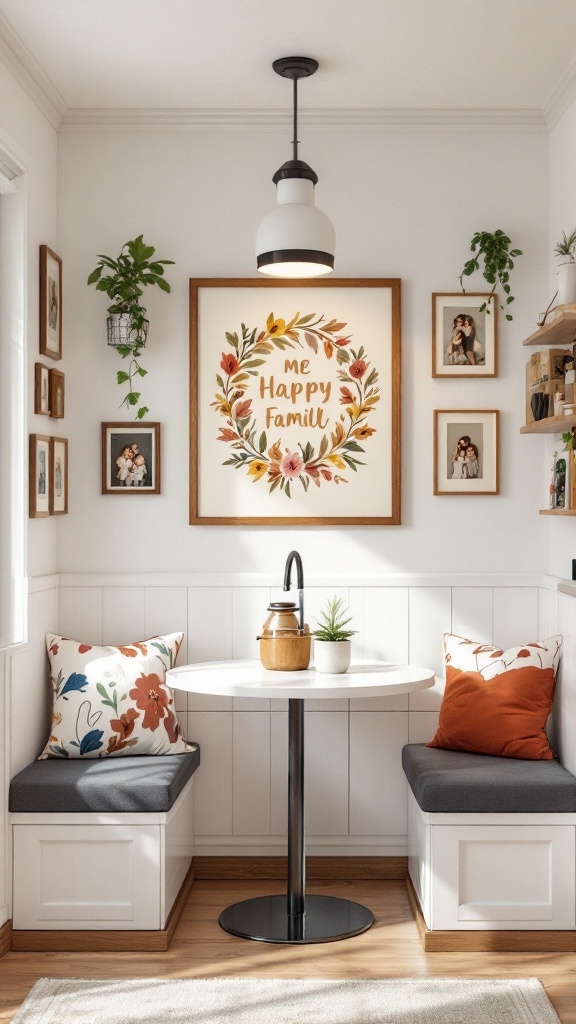Cozy kitchen nook with personalized artwork and family photos on the walls, featuring a round table and cushioned seating.