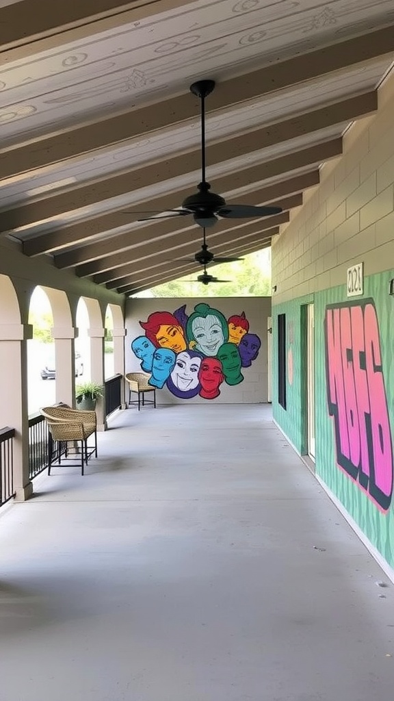Outdoor covered patio with colorful mural and seating