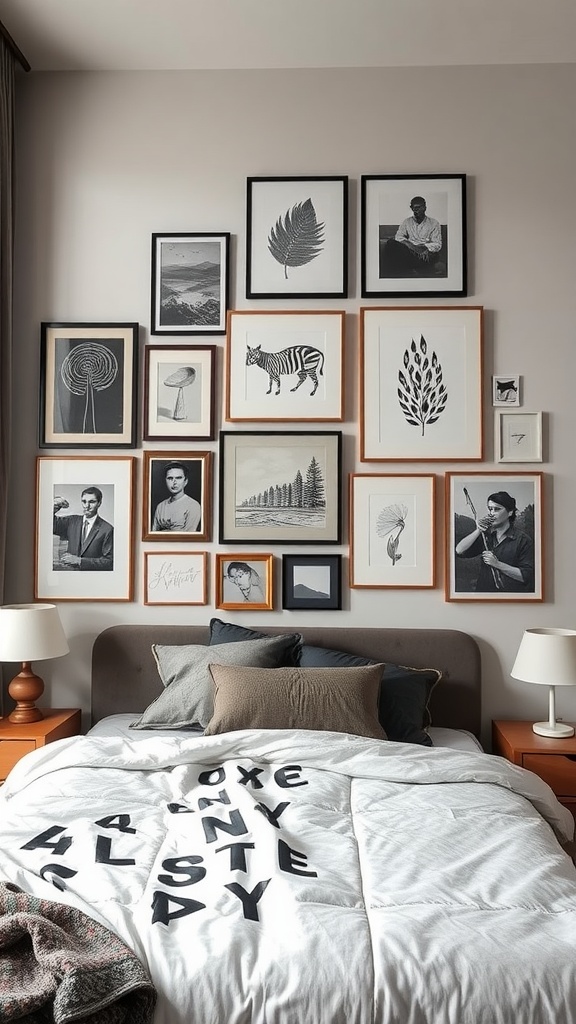 A cozy modern bedroom featuring a gallery wall with various framed artworks above the bed.