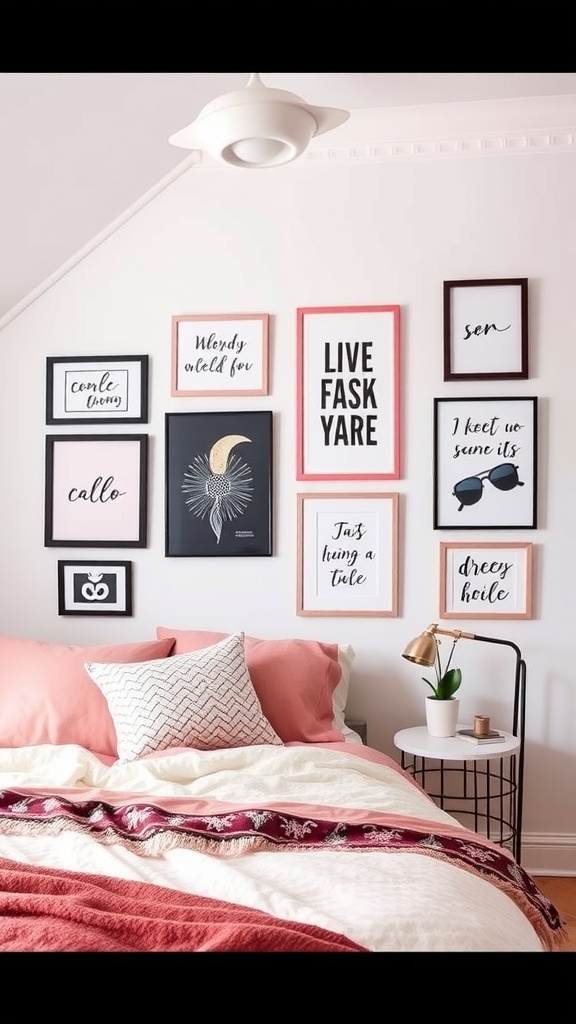 A pink and black bedroom featuring a wall of personalized artwork displays with various framed prints.