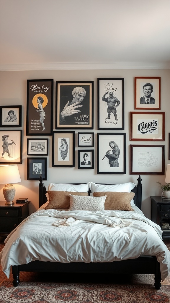 A black and brown bedroom featuring a wall of personalized artwork in various frames.