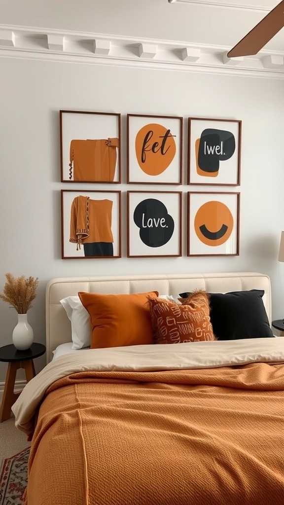 A modern bedroom featuring personalized artwork in brown and black tones.