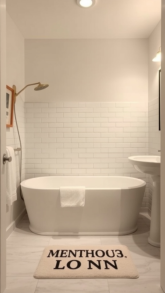 A modern bathroom featuring a white bathtub, chic fixtures, and a personalized bath mat