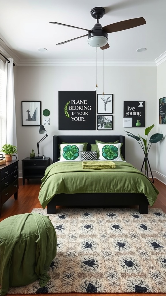 A stylish black and green bedroom featuring a green bedspread, decorative pillows, wall art, and a cozy rug.