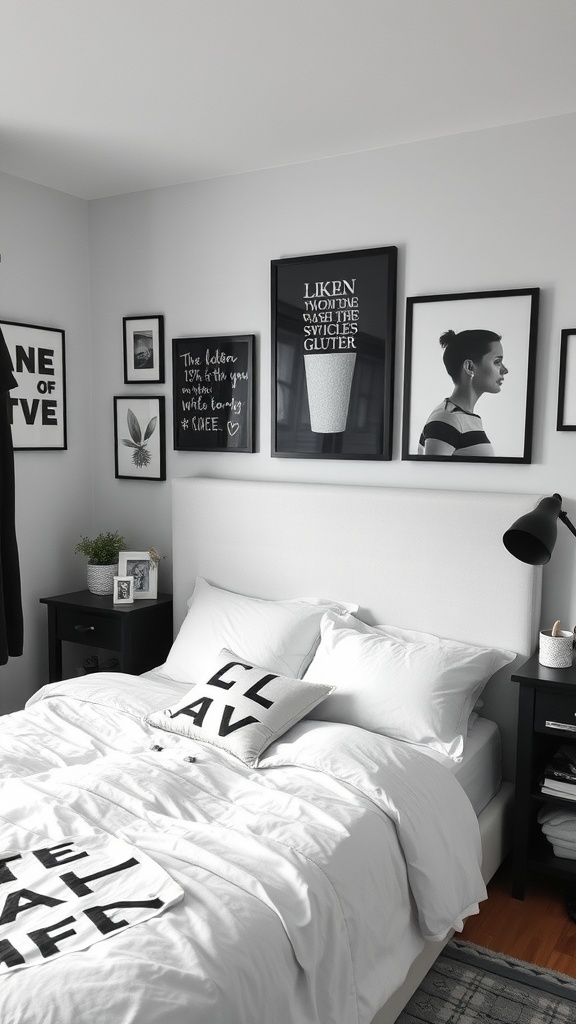 A cozy black and white bedroom featuring a neatly made bed with white linens, framed wall art, and a bedside table with decorative items.