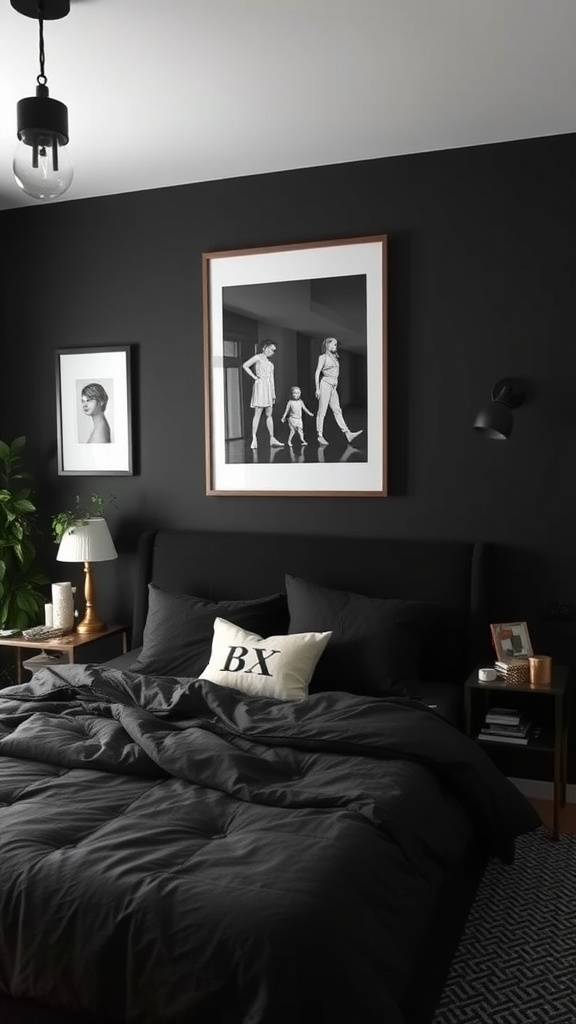 A stylish black bedroom featuring dark walls, black bedding, framed black-and-white artwork, and a bedside lamp.