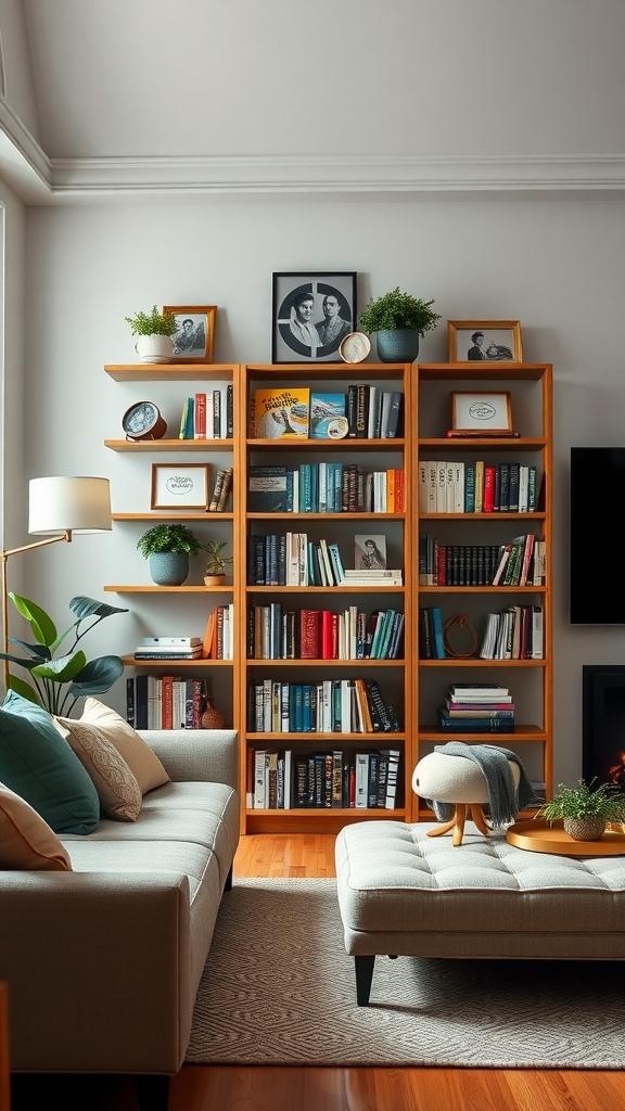 A cozy living room featuring a wooden bookshelf filled with books, framed photos, and plants, with a comfortable sofa in the foreground.