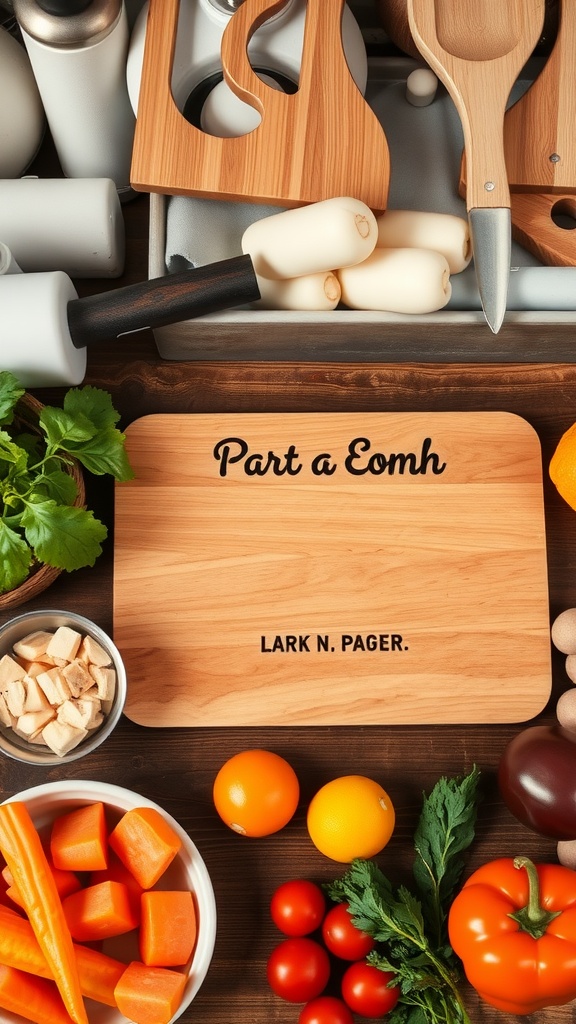 A personalized wooden cutting board surrounded by fresh vegetables and cooking tools.