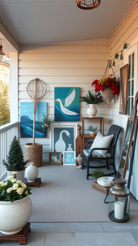 A cozy back porch featuring artwork, plants, and comfortable seating.