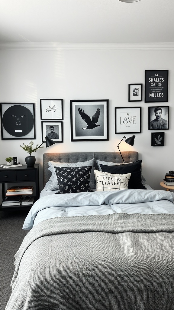 A stylish grey and black bedroom featuring a cozy bed with decorative pillows, framed wall art, and a bedside lamp.