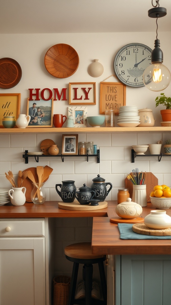 A cozy kitchen with wooden shelves displaying decorative items, family photos, and kitchenware.