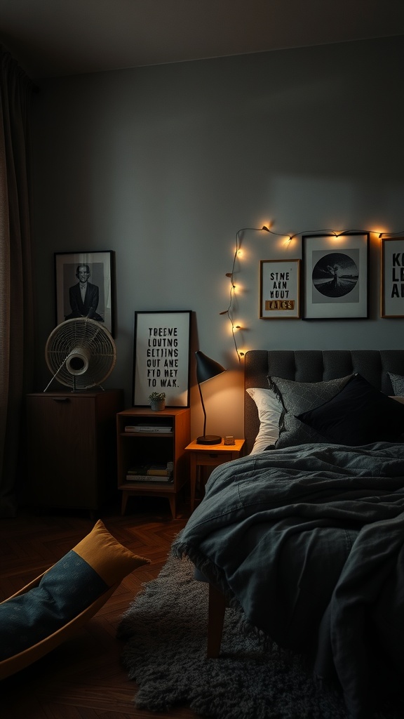 A cozy bedroom with soft lighting, wall art, and comfortable bedding.