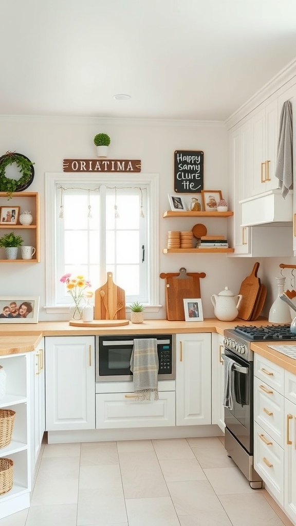 A cozy white kitchen featuring personalized decor, including potted plants, family photos, and wooden shelves.