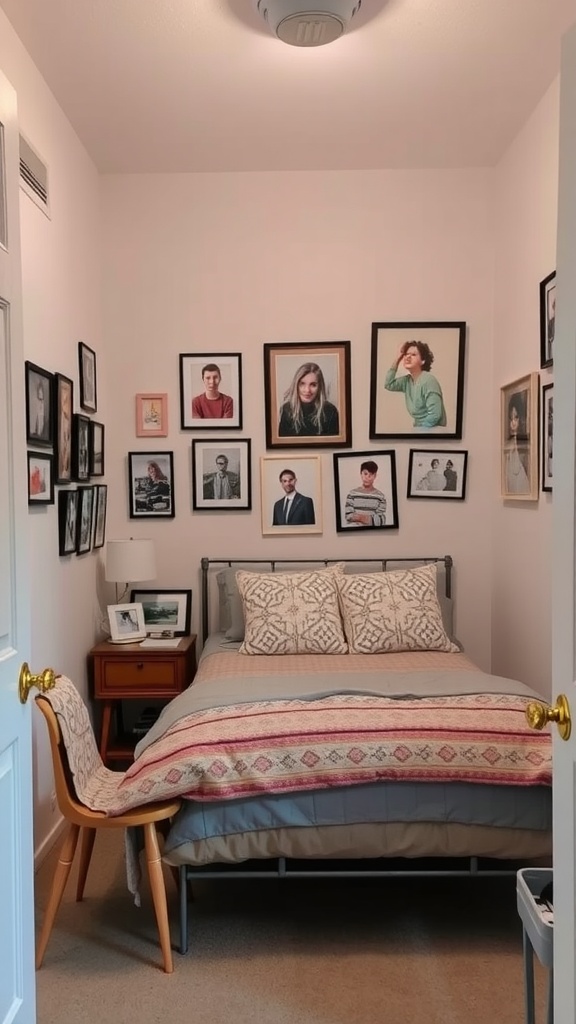 A cozy small bedroom featuring a bed with patterned bedding, a bedside table with a lamp, and a wall decorated with framed photographs.