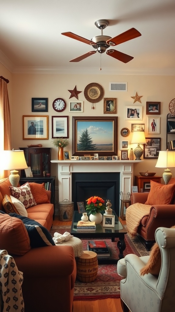A cozy living room decorated with personal touches, including a gallery wall of photos and art, comfortable couches, and warm lighting.
