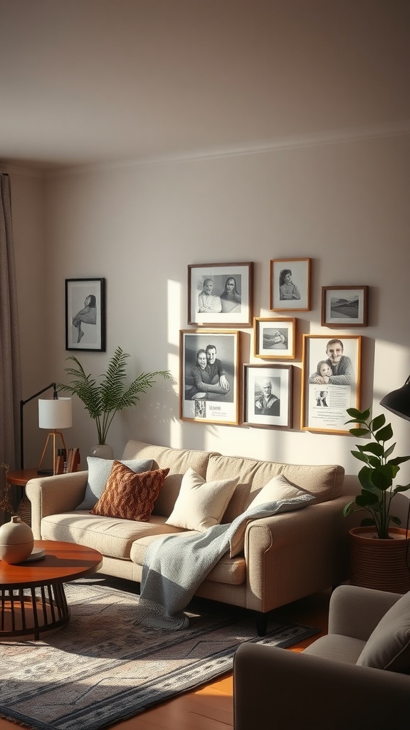 A cozy living room with framed photos on the wall, a comfortable couch, and potted plants.