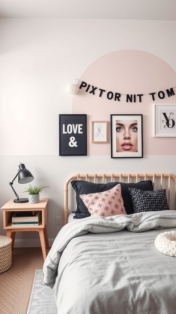 A stylish bedroom featuring black, pink, and grey decor with framed art and cozy bedding.