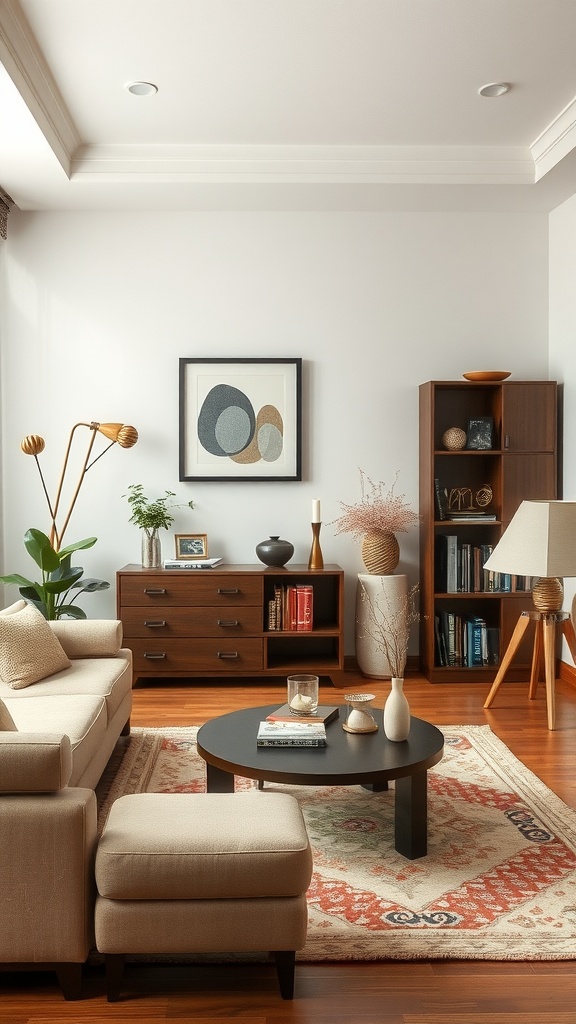 Stylish Korean living room with wooden furniture and decorative accents