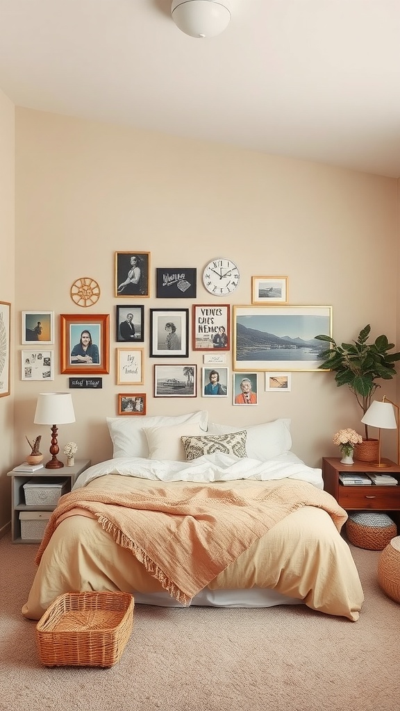 A beige aesthetic bedroom featuring a cozy bed with soft blankets, personal artwork on the walls, and decorative plants.