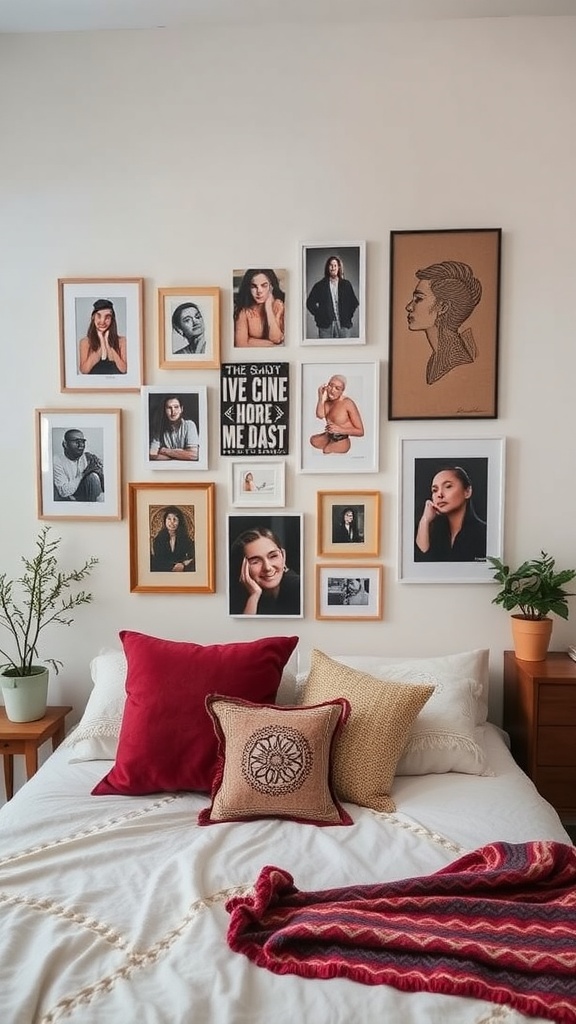 Personalized gallery wall featuring various framed portraits and artwork in a minimal boho bedroom.