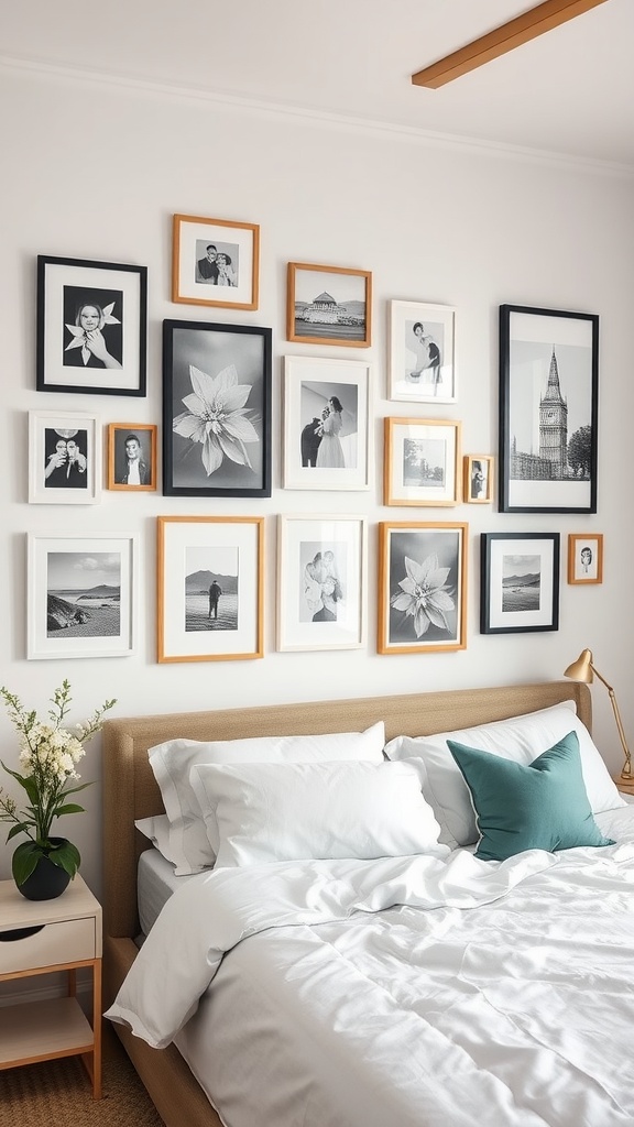 A cozy bedroom with a gallery wall of framed photos in various styles, showcasing personal memories and artwork.