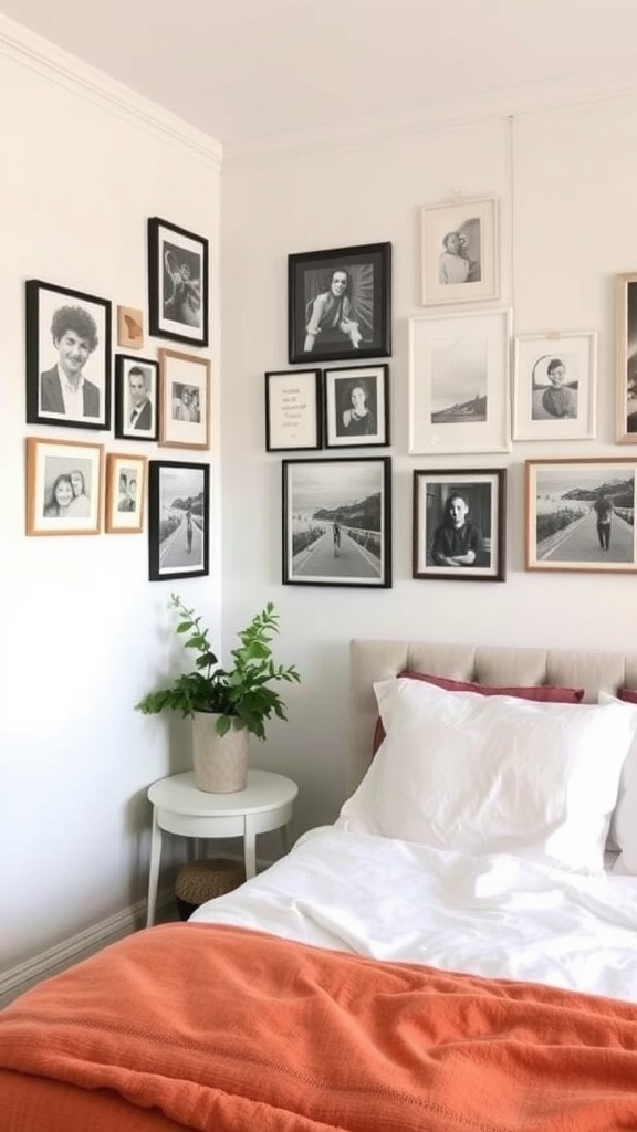 A cozy bedroom with a personalized gallery wall of framed pictures and a plant.