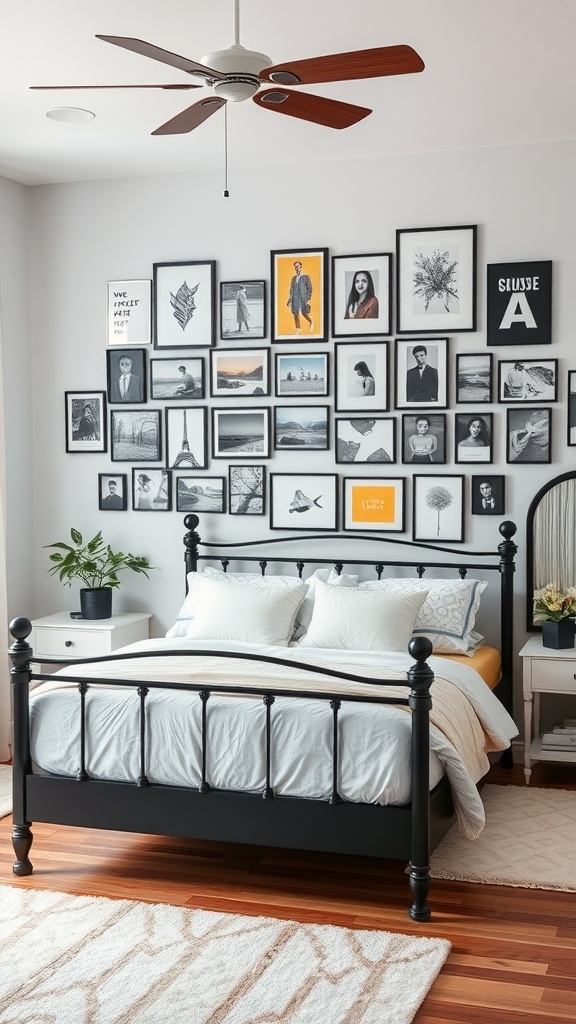 A stylish bedroom featuring a black bedframe and a personalized gallery wall with various framed artworks and photos.