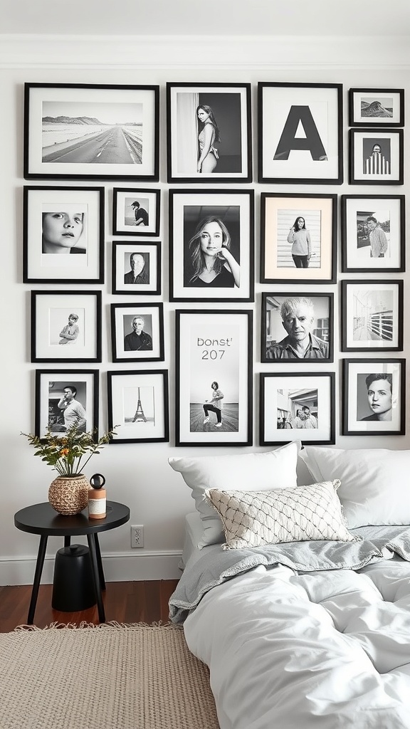 A personalized gallery wall featuring black and white framed photos in a stylish bedroom.