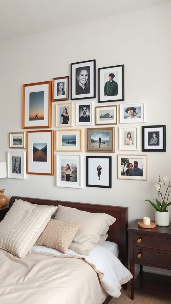A stylish gallery wall featuring a mix of framed photographs and art in various sizes and colors, above a neatly made bed.