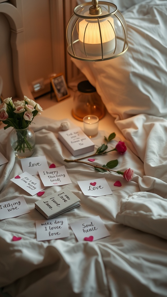 A cozy bedroom with personalized love notes, flowers, and soft lighting.