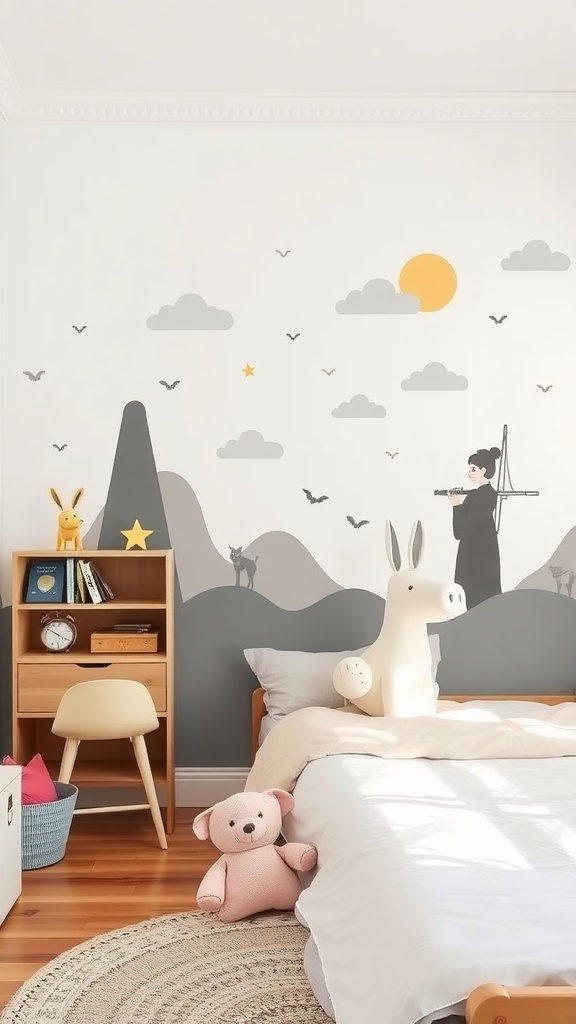 A minimal kids bedroom featuring personalized artwork on the wall with a girl playing a flute, mountains, clouds, and cute stuffed animals.