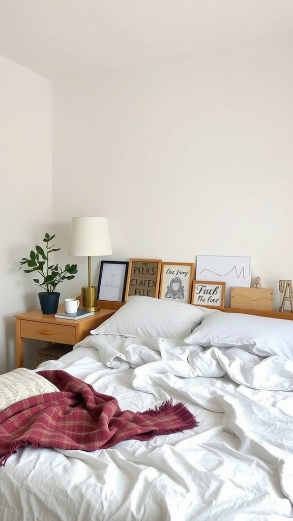 A minimal bedroom featuring a cozy bed, wooden nightstand, and wall art.
