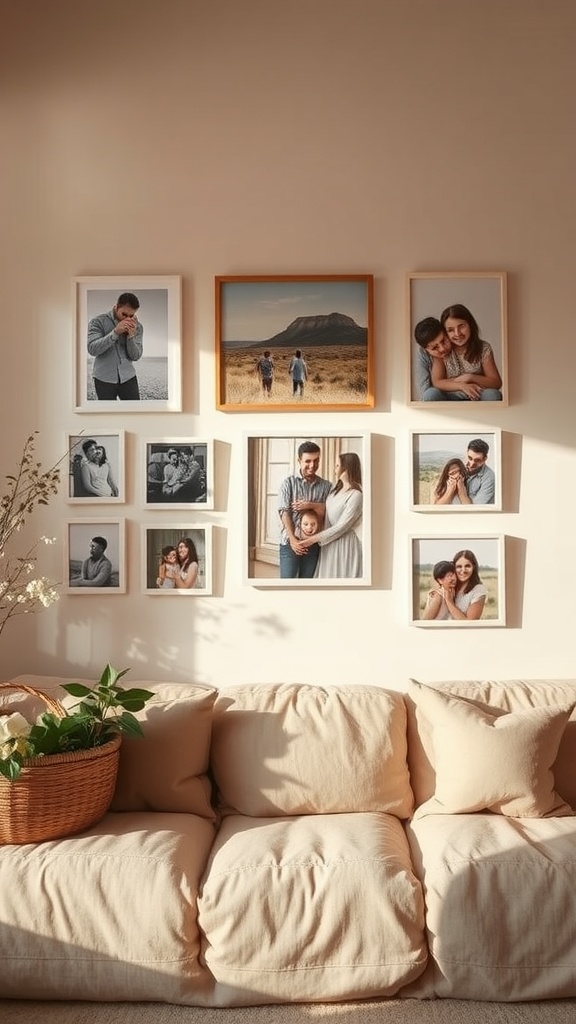 A wall display of framed family photos in a cozy living room setting with a soft couch and a plant.