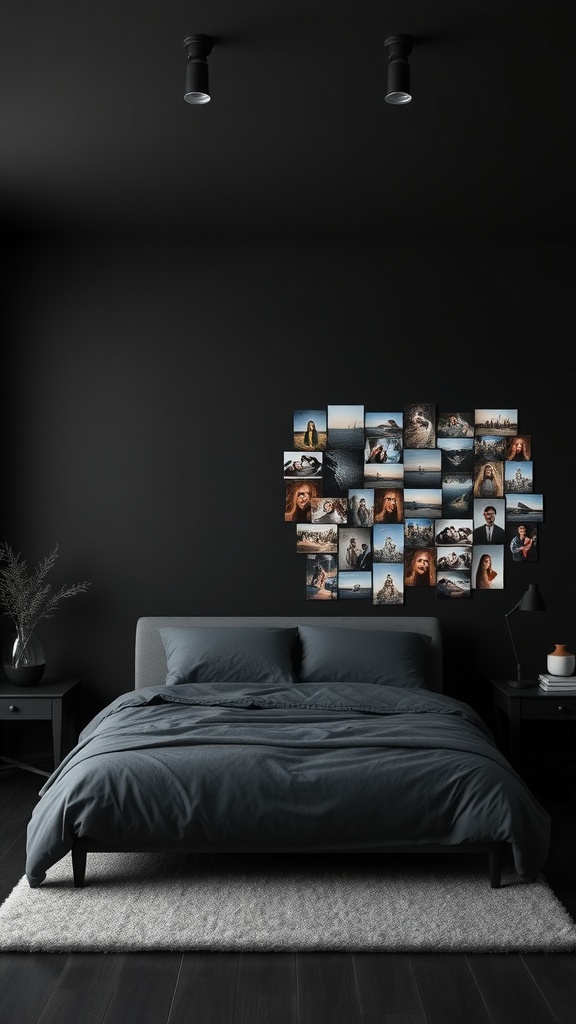 A black bedroom featuring a personalized photo display on the wall above the bed.