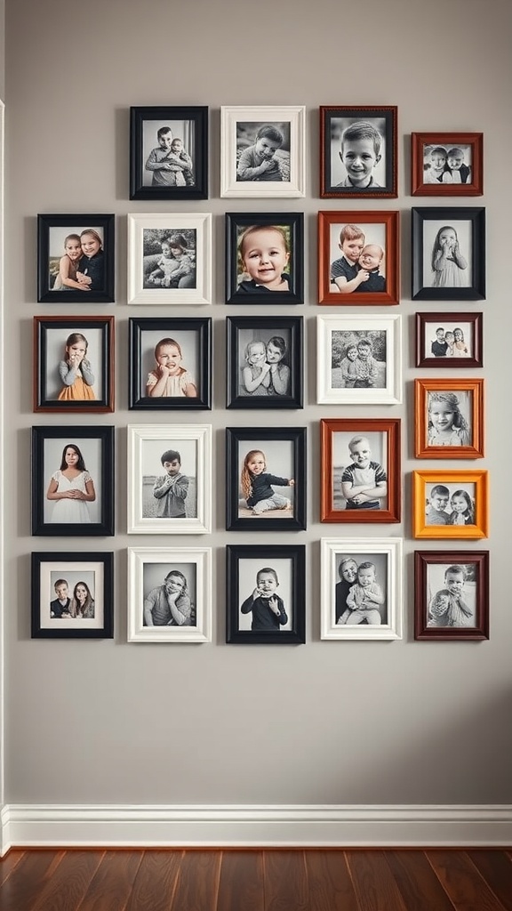 A wall featuring a collage of personalized photo frames displaying various black-and-white and color photos of families and children.