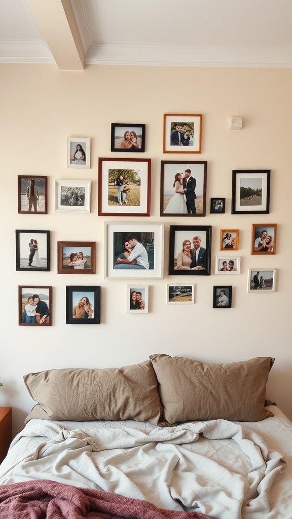 A cozy bedroom with a personalized photo wall featuring various framed pictures.