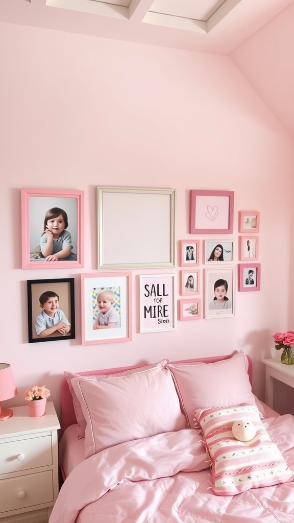 A personalized pink artwork display in a girly pink bedroom featuring several framed photos and a decorative pillow.