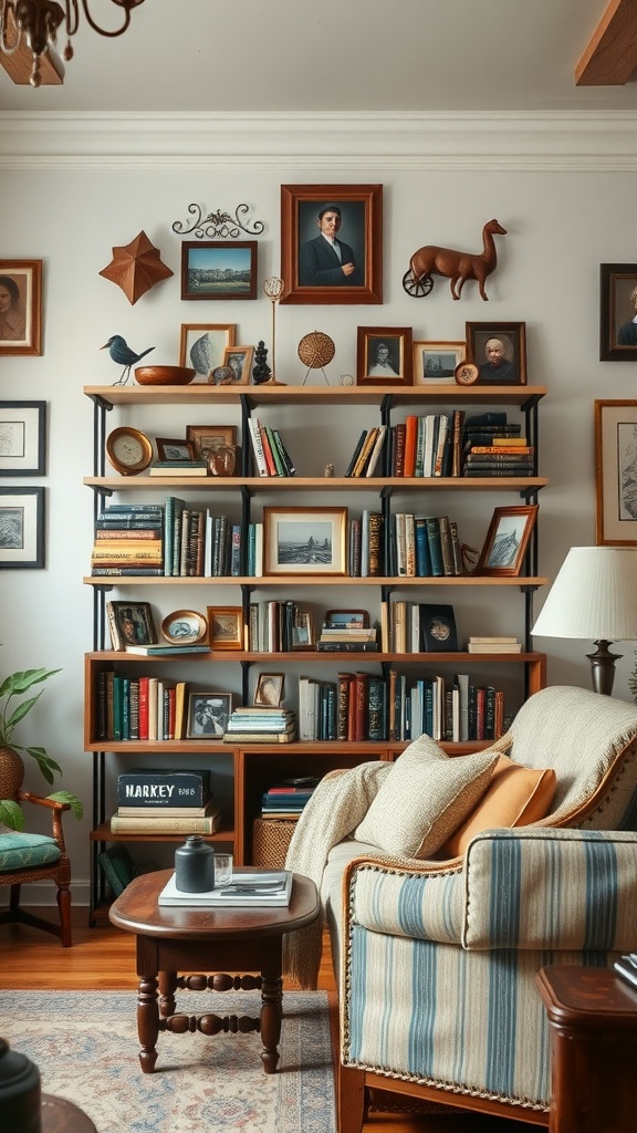 A vintage living room with personalized shelving, books, and decorative items.