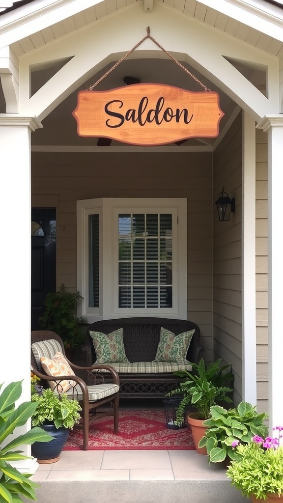 A cozy porch with a personalized wooden sign that reads 'Jollemmia', surrounded by colorful plants and comfortable seating.