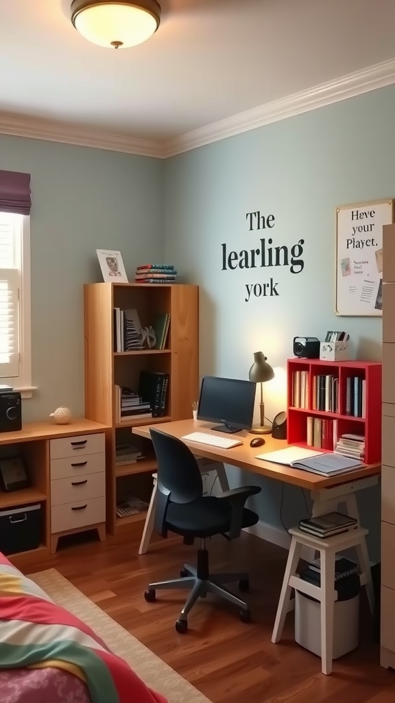 A cozy study corner in a teen's bedroom featuring a desk, chair, bookshelves, and decorative wall art.