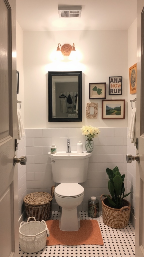 Aesthetic bathroom with personalized touches including plants, framed art, and cozy decor.