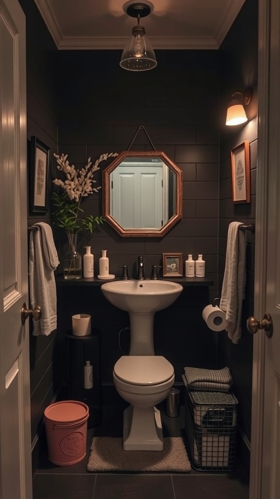 A darkly themed bathroom with stylish decor, featuring a unique mirror, potted plant, and neatly arranged towels.