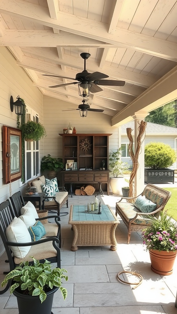 Cozy covered patio with comfortable seating, plants, and decorative elements.