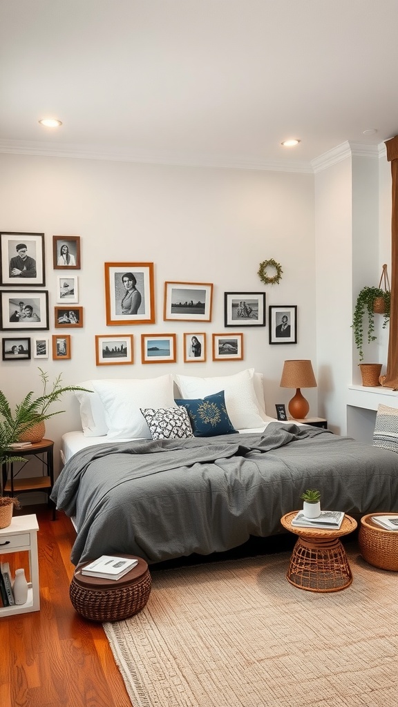 A cozy modern bedroom featuring a gallery wall of framed photos, soft bedding, and decorative plants.