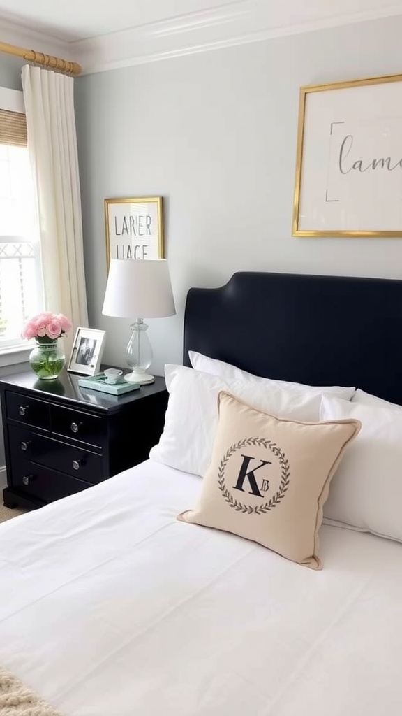 A classy bedroom featuring personalized touches like a monogrammed pillow and framed artwork.