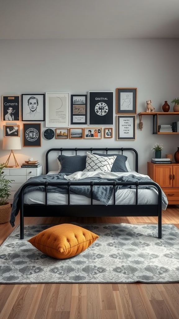 A cozy bedroom with a black bed frame, featuring a gallery wall of framed art and decorative elements.