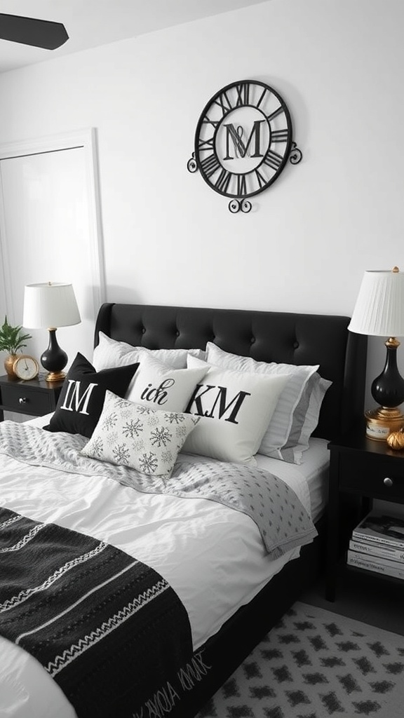 A cozy black and white bedroom featuring a stylish bed with decorative pillows, a clock on the wall, and bedside lamps.