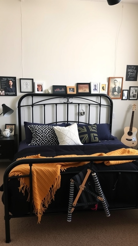 A cozy bedroom featuring a black metal bed with decorative pillows, a warm throw blanket, and a gallery wall of framed photos.