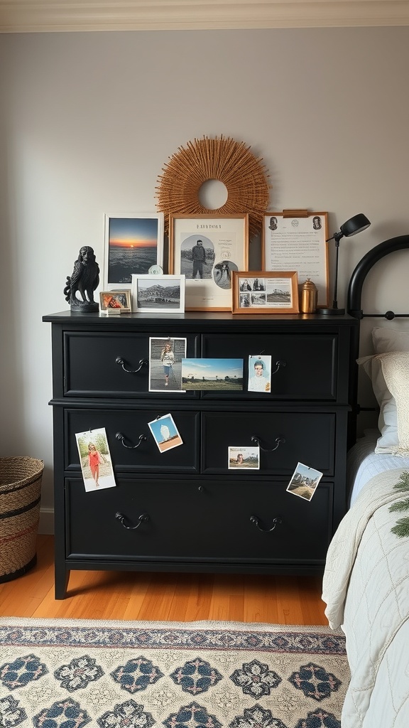 A black dresser with framed photos, a decorative mirror, and a stylish lamp, creating a personalized bedroom space.